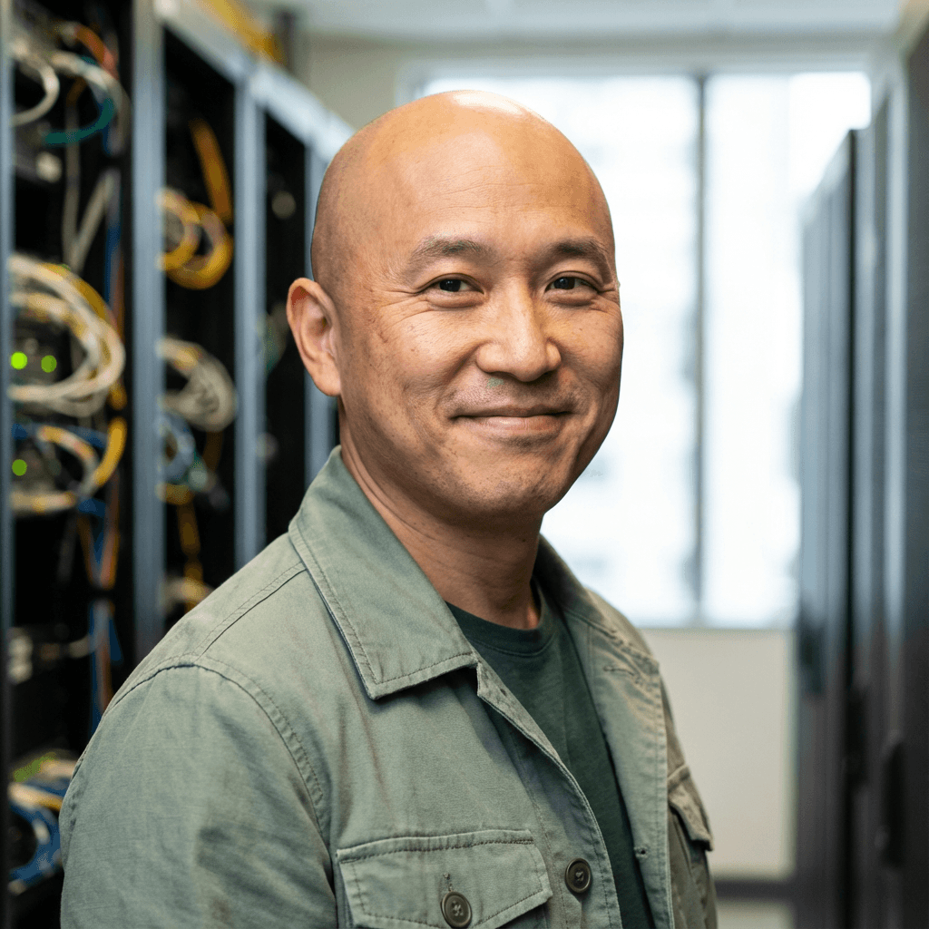 Smiling bald Asian man in a green jacket standing in a server room with equipment.