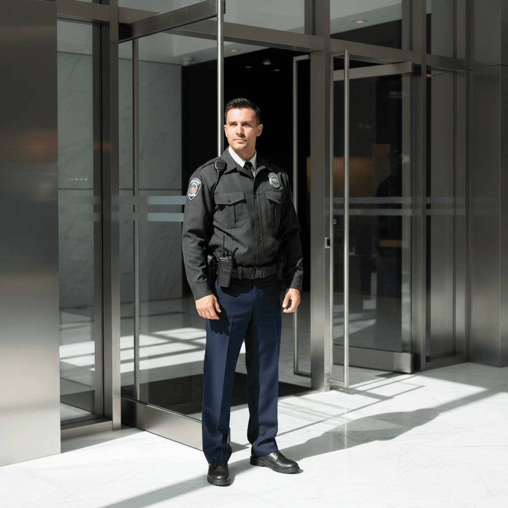 Licensed security guard standing in a Los Angeles building lobby
