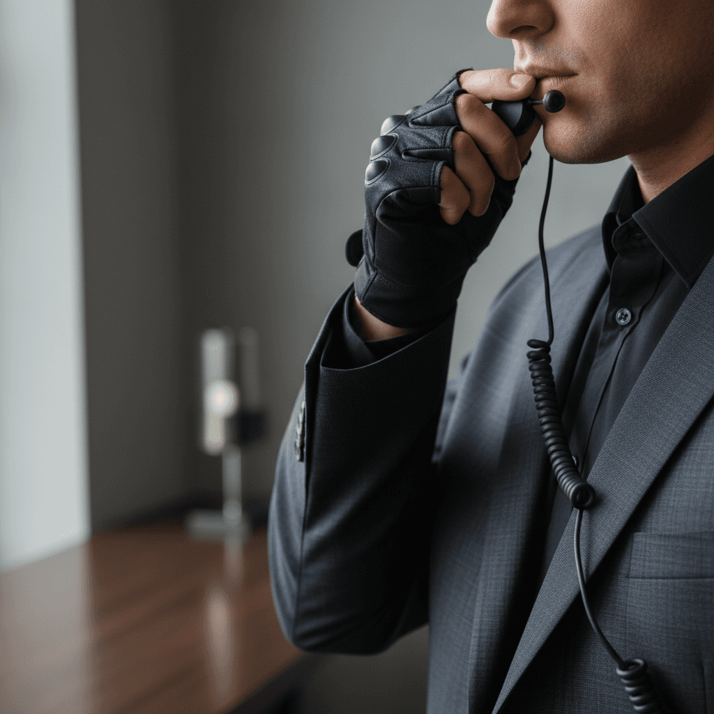 Security guard communicating on a two-way radio