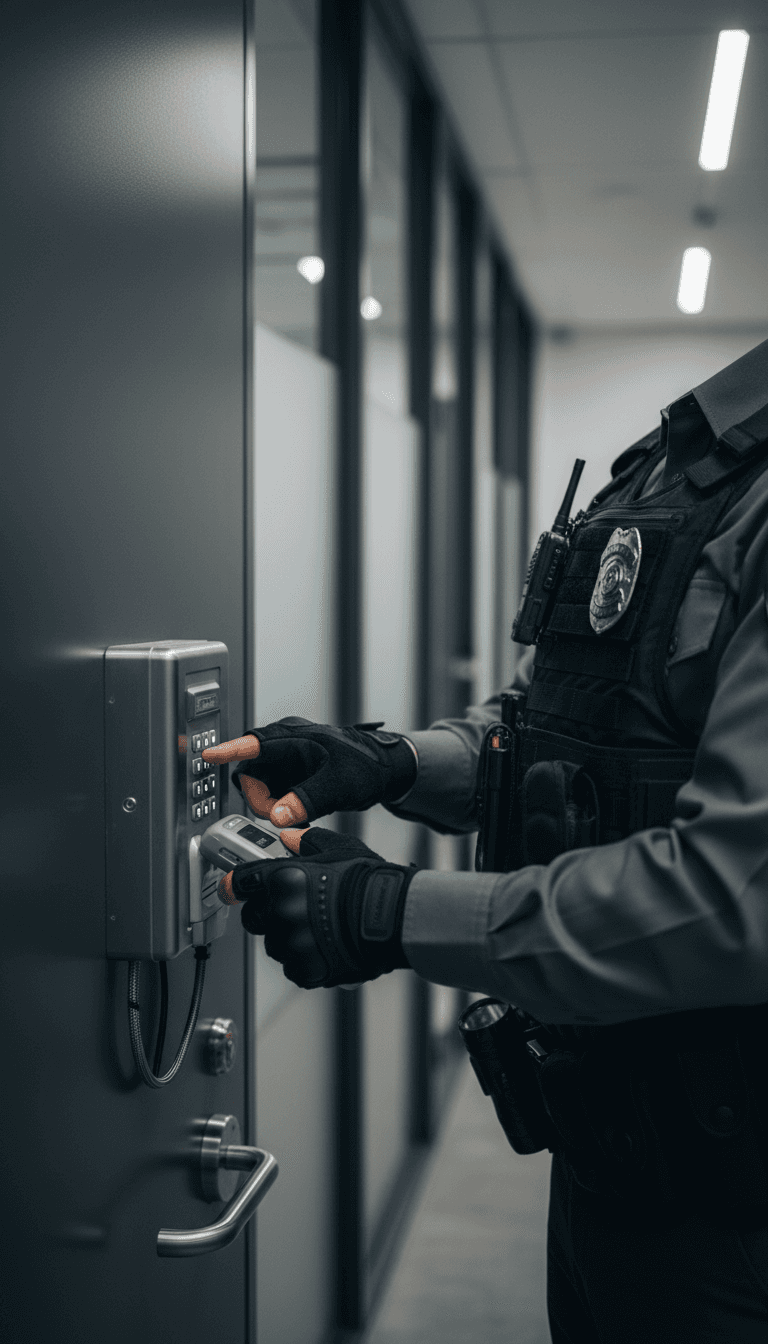 Security guard badge on uniform sleeve