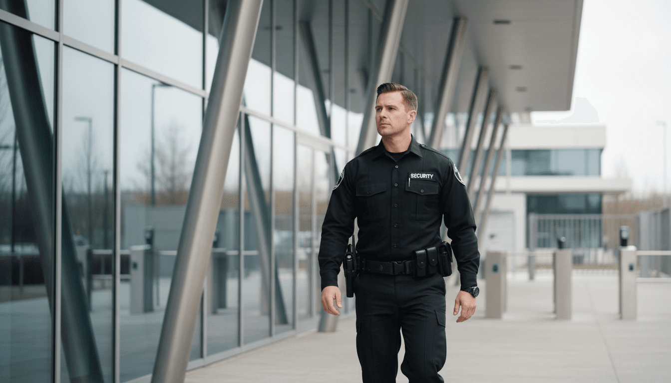 Security guard walking patrol outside a commercial building