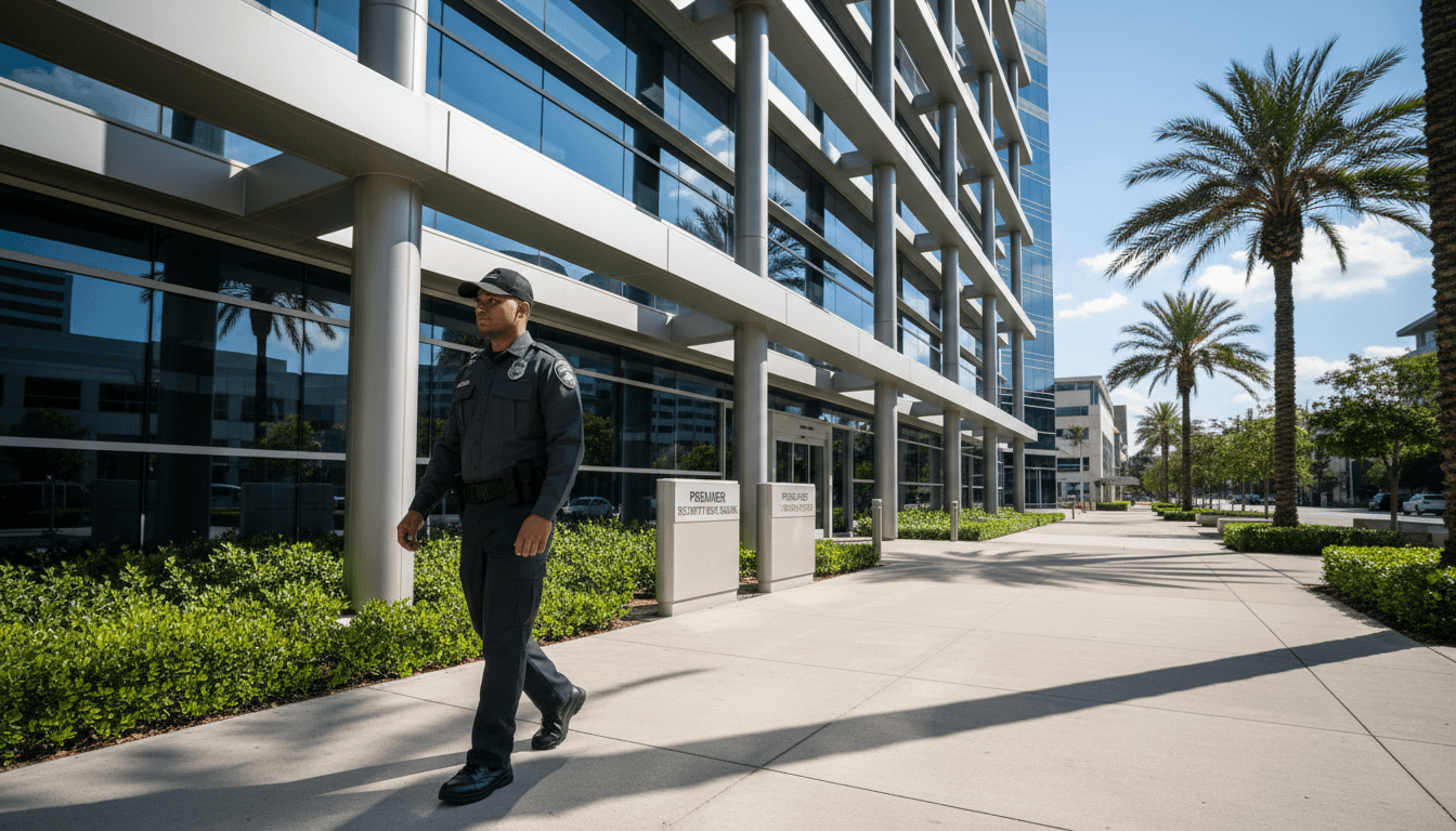 Security guard surveying Los Angeles city street from vantage point