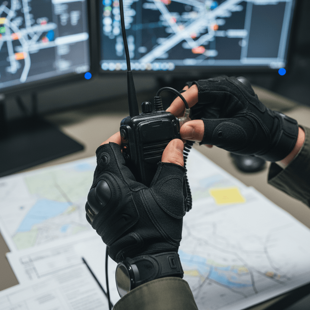 Security guard's hands on duty belt with radio