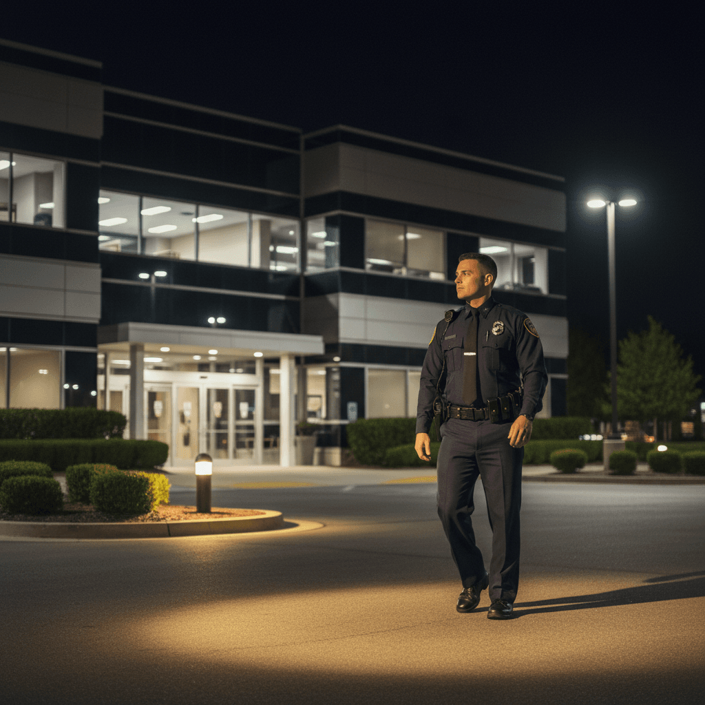 Security guard standing in a Los Angeles alleyway at dusk